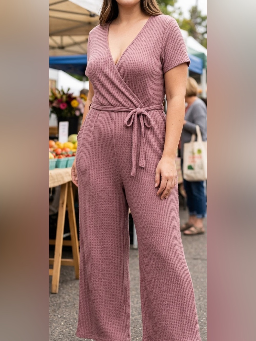 Womens XL Mauve Waffle Knit Short Sleeve Straight Leg Casual Jumpsuit Stretchy